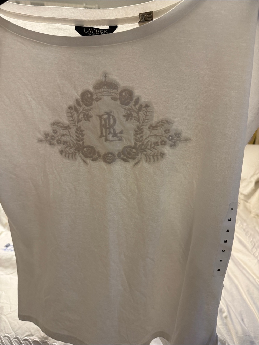 LAUREN Ralph Lauren White Embroidered Short Sleeve Tee with Crest